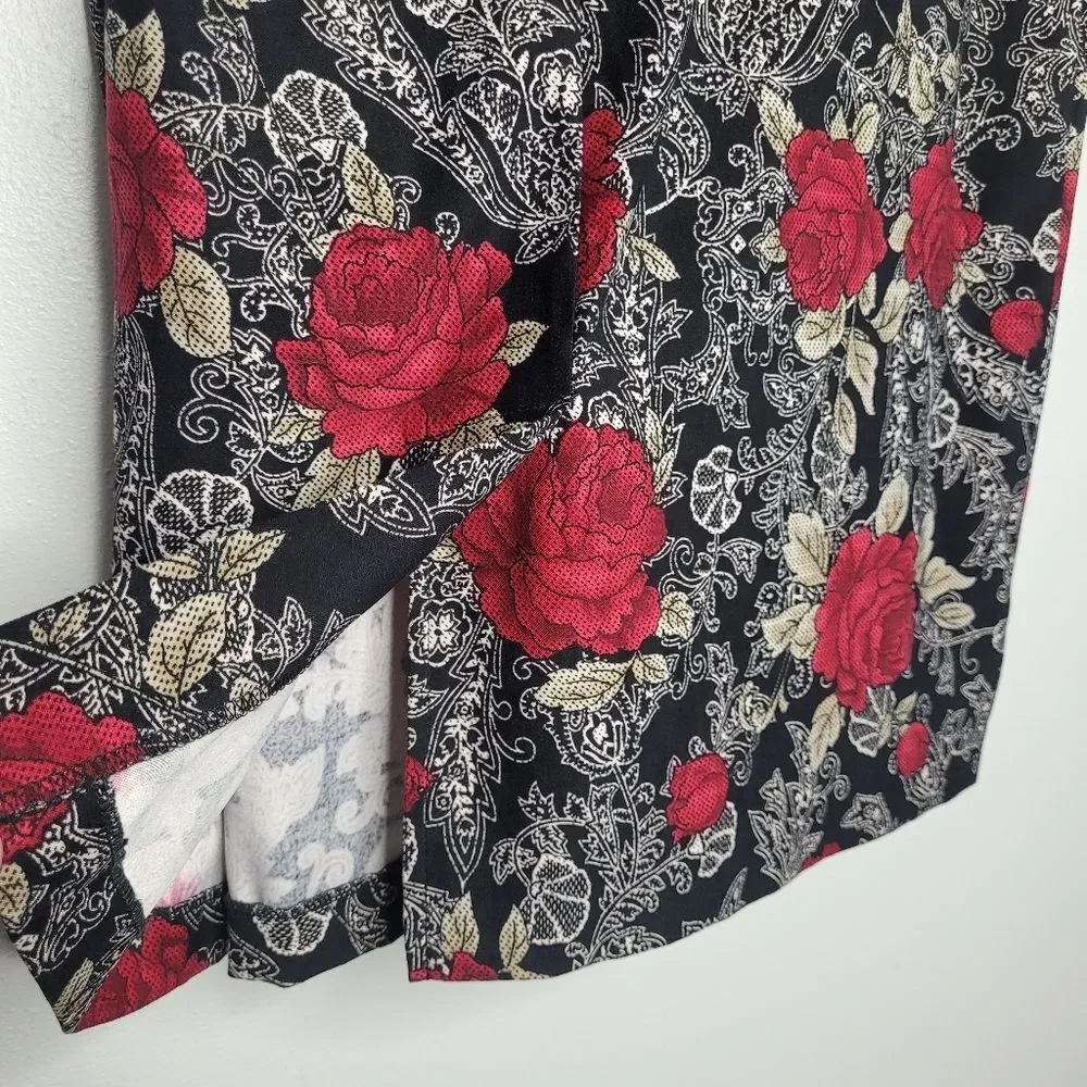 Vintage 90s black red rose floral print romantic vamp grunge skirt size 16p